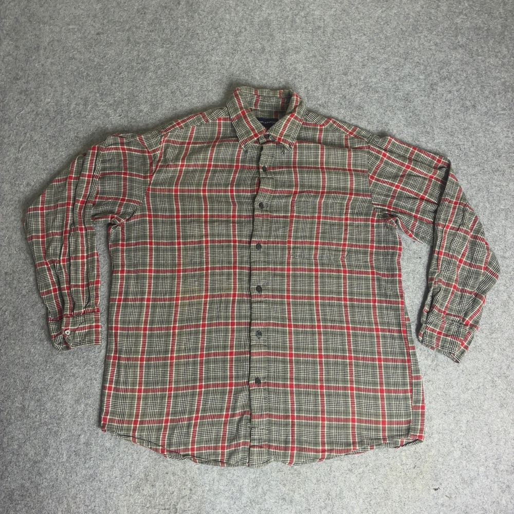 John Ashford Mens Large Cotton Plaid Flannel Button Down Shirt Red Grey Black